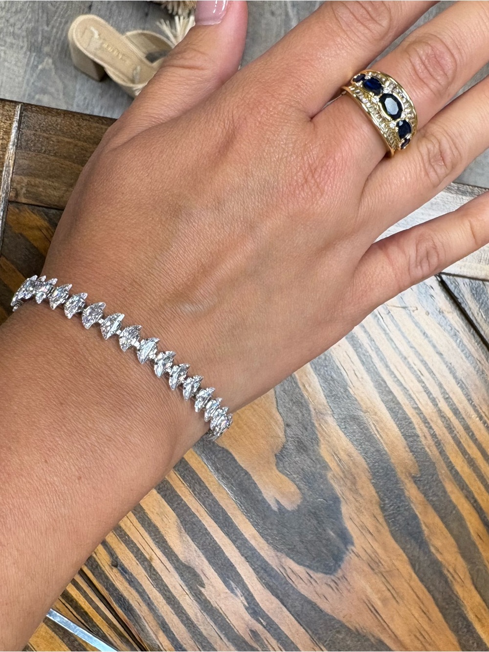 Pretty Bird 18k gold plated chunky run with diamond and sapphire CZs adjustable